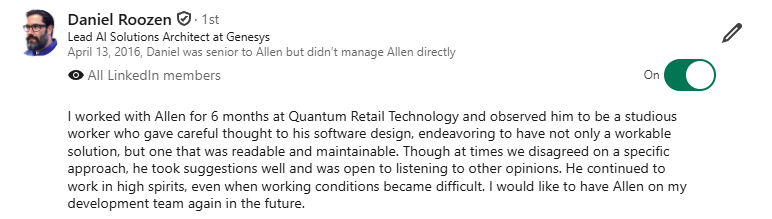 Testimonial dated April 13, 2016