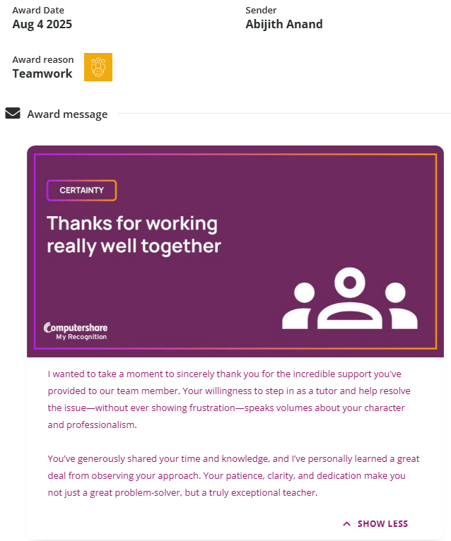 Testimonial dated August 4, 2025