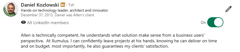 Testimonial dated December 31, 2013